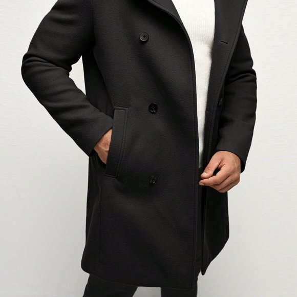 Black Preppy Mens Double Breasted Slant Pocket Overcoat - Picture 4 of 5